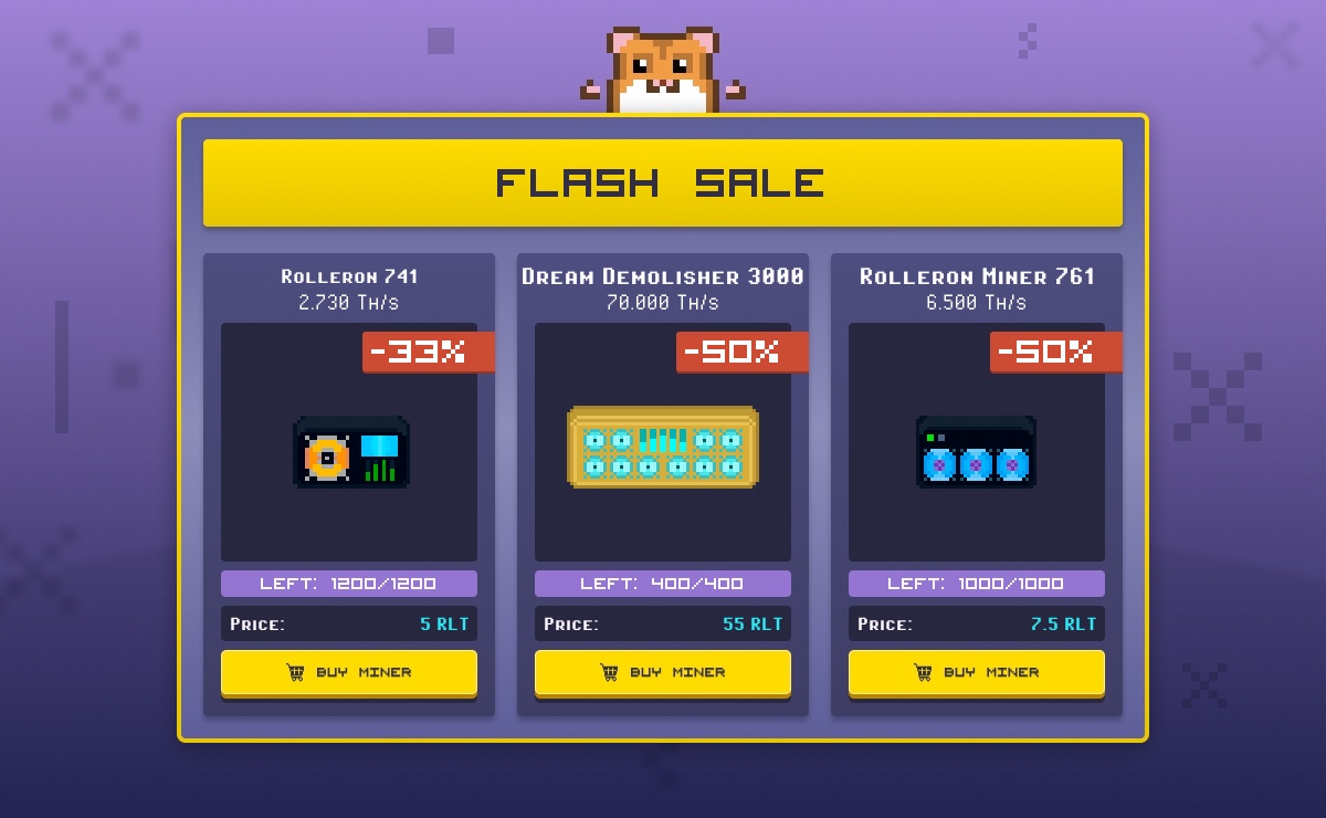 rollercoin_com's tweet photo. Hamster brings more good news! 🐹

Today at 0:00 UTC we are launching a Flash Sale ⚡️ for those who want to complete their miners collection!💥

Grab your favorites at half price and get ready for the return of Weekly Offers coming this Thursday 🔥👇 

https://t.co/i3cnZxngVP https://t.co/GMChk9f39W