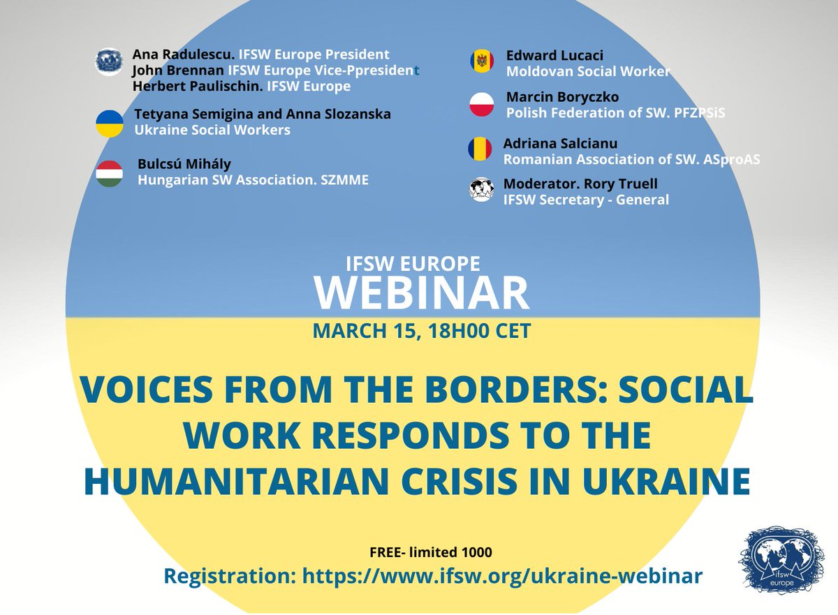 IFSW's tweet photo. @IFSW Europe Webinar: Voices From The Borders: Social Work Responds To The Humanitarian Crisis In Ukraine
📣Join us to hear the experiences of #socialworkers in #Ukraine and in borders countries to respond to people’s needs
➡️Register (limited to 1000) https://t.co/P3lugM1Ev7 https://t.co/15uceTT9gK