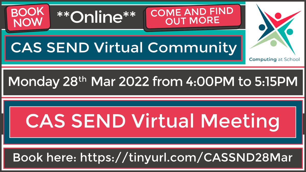 CAS Send Virtual Community - This meeting is for anyone involved in education who is interested in how we teach computing effectively to young people with special educational needs and disabilities.

Book here: tinyurl.com/CASSND28Mar

<a href="/CompAtSch/">Computing at School</a>
