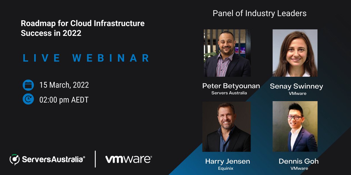 serversau's tweet photo. Few hours to go 'Roadmap for #cloud #infrastructure success in 2022' for startups and #SMEs - You can still register here: https://t.co/GpDSy3aa74 
@VMware @vmwarecloud @EquinixAPAC @PeterBetyounan https://t.co/K7P9psC8JP