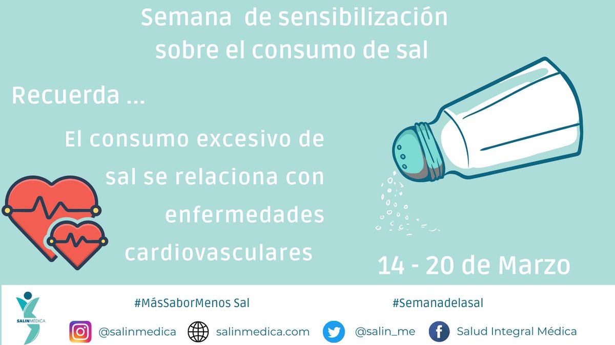 salin_me's tweet photo. Inicia la semana de sensibilización sobre el consumo de sal. 
El objetivo es concientizar a la población sobre el uso excesivo de sal en los alimentos. 
La #OMS y la #OPS han publicado una guía que permite sentar las pautas para reducir su consumo.
#MásSaborMenosSal https://t.co/6Xard4YmVV