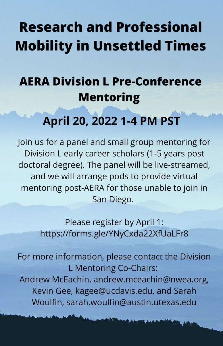 <a href="/sarahlouwou/">Sarah Woulfin</a>, <a href="/KevinGee888/">Kevin Gee</a>, and I are hosting a <a href="/Division_L/">AERA Division L</a> early career (1-5 yrs post grad) mentoring session. Division L can support a one-night hotel stipend for up to 25 people who attend in person &amp; stay at a conference hotel. Please register by 4/1. forms.gle/YNyCxda22XfUaL…!