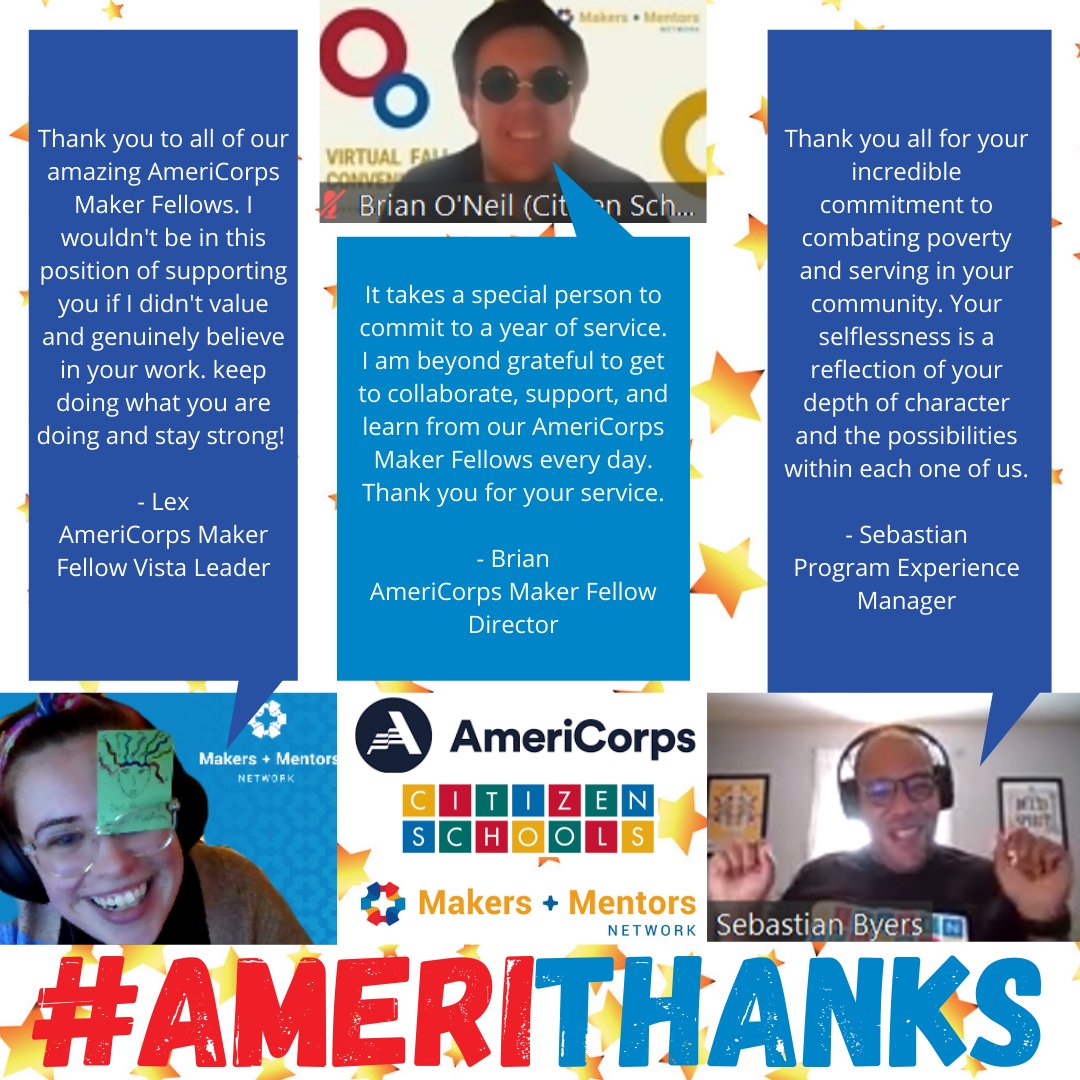Makers + Mentors Network (@makers_mentors) on Twitter photo The AmeriCorps Maker Fellow Leadership team wanted to share our #AmeriThanks to our #AmeriCorps #MakerFellows for #Americorpsweek keep up the hard work! 💪
<a href="/citizenschools/">Citizen Schools Team</a> #Service #thankyou #weareamericorps #strongerasone #getthingsdone #gettingthingsdone #AmericorpsVISTA The AmeriCorps Maker Fellow Leadership team wanted to share our #AmeriThanks to our #AmeriCorps #MakerFellows for #Americorpsweek keep up the hard work! 💪
<a href="/citizenschools/">Citizen Schools Team</a> #Service #thankyou #weareamericorps #strongerasone #getthingsdone #gettingthingsdone #AmericorpsVISTA