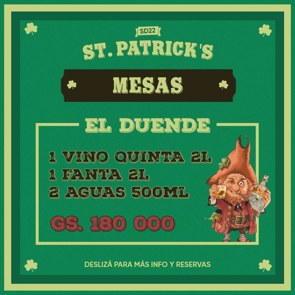 dioses2023's tweet photo. LO QUE ESTABAS ESPERANDO 🚨‼️

Estas son las mesas disponibles para el 19/03 y la consumisión que incluyen:

🧝🏻‍♂️ EL DUENDE (mesa Fantuvi): 180.000 gs. 
-1 vino Quinta Do Morgado (2L)
-1 Fanta (2L)
-2 aguas (500ml) https://t.co/0lxeQGekQQ