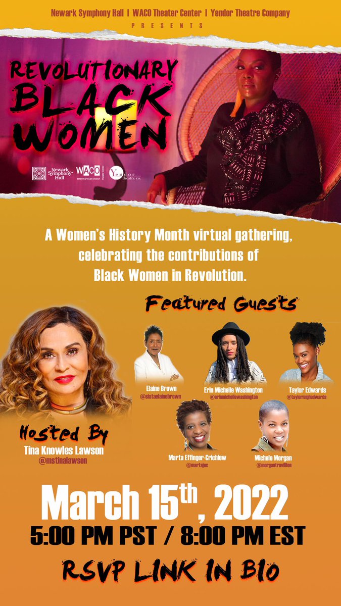 Revolutionary Black Women! Join Tina Knowles Lawson <a href="/NwkSymphonyHall/">Newark Symphony Hall</a> and Yendor Theatre, with never before seen clips from the film adaptation of #BlackTerror. Explore: How have #BlackWomen impacted our social movements and moved us closer to liberation?
eventbrite.com/e/black-terror…