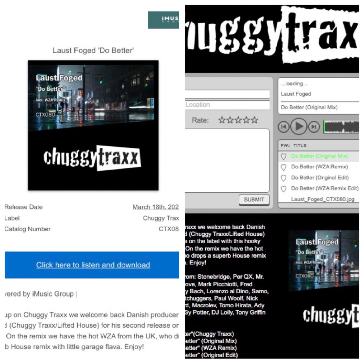 ChuggyTraxx's tweet photo. Check your promo inbox!! Big Tune alert💥
Just send out our next one by @laustfoged - Big hooky laidback house vibes with a killer @WZAMUSIC Remix💣
Great early feedback - Coming soon on @ChuggyTraxx 🙌
#laustfoged #Dobetter #WZA #Housemusic #Djlife #iMusicGroup #Fatdrop #Inflyte https://t.co/Uc3VBqyWXX