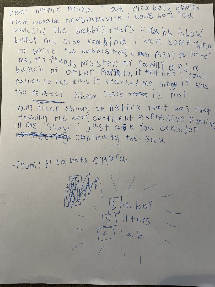 ryangohara's tweet photo. @netflix “people”, my 9yo daughter felt compelled to let you know how she is feeling about your recent show cancellation #TheBabysittersClub @shaygrudolph @maliabakermsb @RealSophie_G https://t.co/X7Zq1ICUge