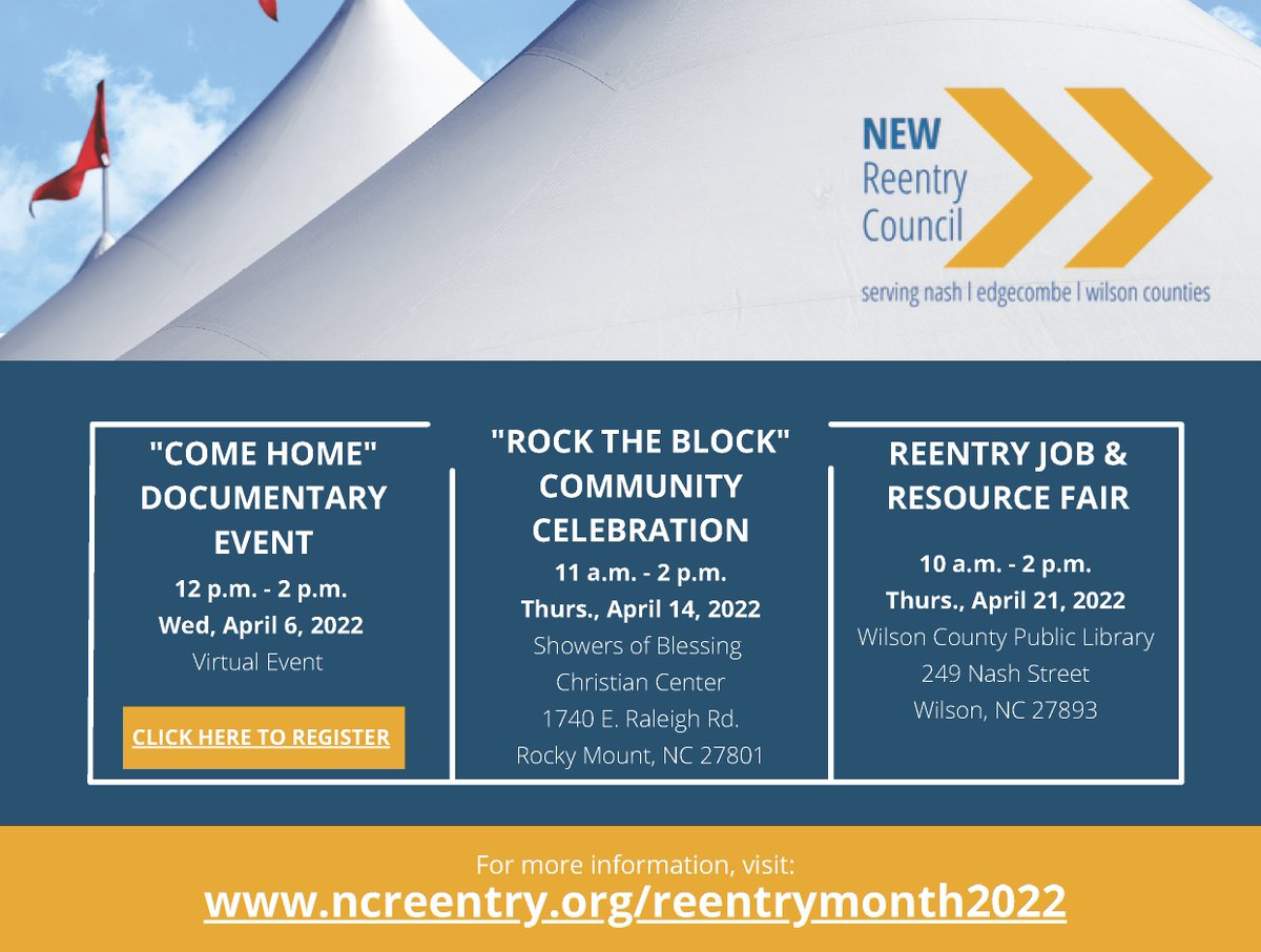 NCCommAction's tweet photo. Save the date! You’re invited to our three reentry month celebratory events! Learn more at https://t.co/fXNOwQlCUd

#Reentry #SecondChanceMonth #NEWReentry https://t.co/qhwEYOFlPp