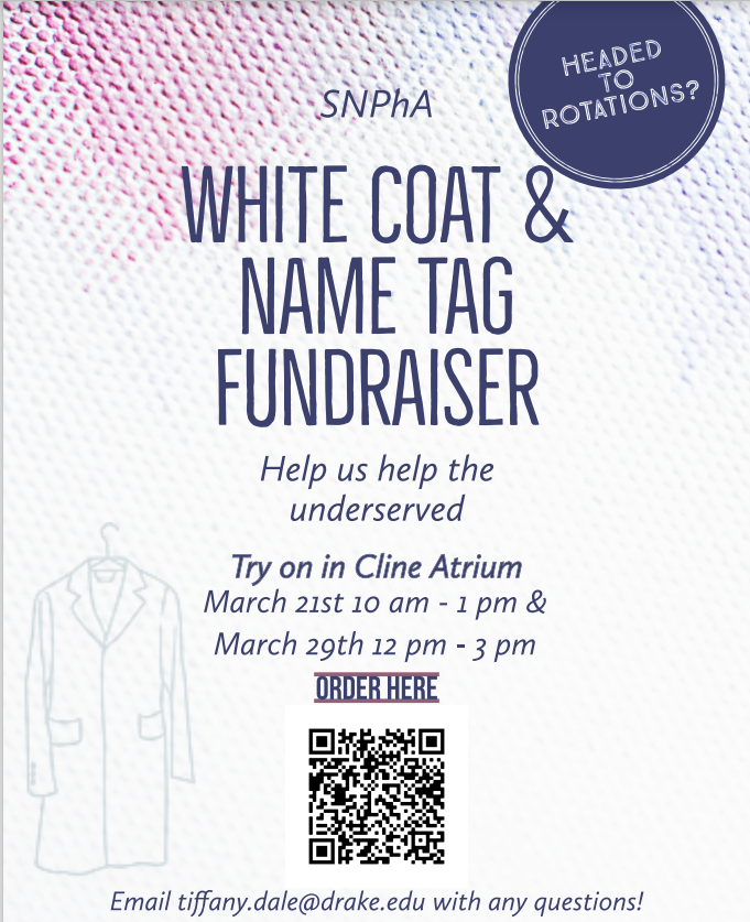 DrakeSNPhA's tweet photo. The SNPhA White Coat &amp; Name Tag Fundraiser is now live!
If you want a new white coat that is more comfortable than your original one or it is stained, and you need a new one, check out the Fundraiser!
Scan the Fundraiser QR code to learn more! https://t.co/Mm58tU0dJy