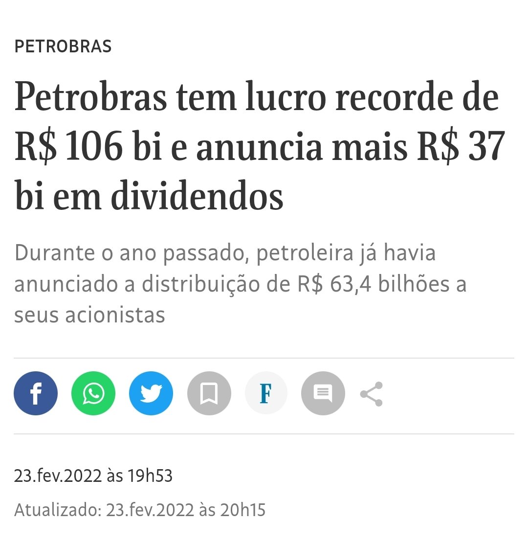tesoureiros's tweet image. Já chegou gente dizendo que a gasolina tá cara por causa de uma dívida da Petrobras com os gringos, decorrentes da lava jato

Alem de ser mentira, parece que a Petrobras tá dando o calote nessa dívida pra pagar os acionistas. Em dois anos já foram mais de R$100 bi em dividendos👇