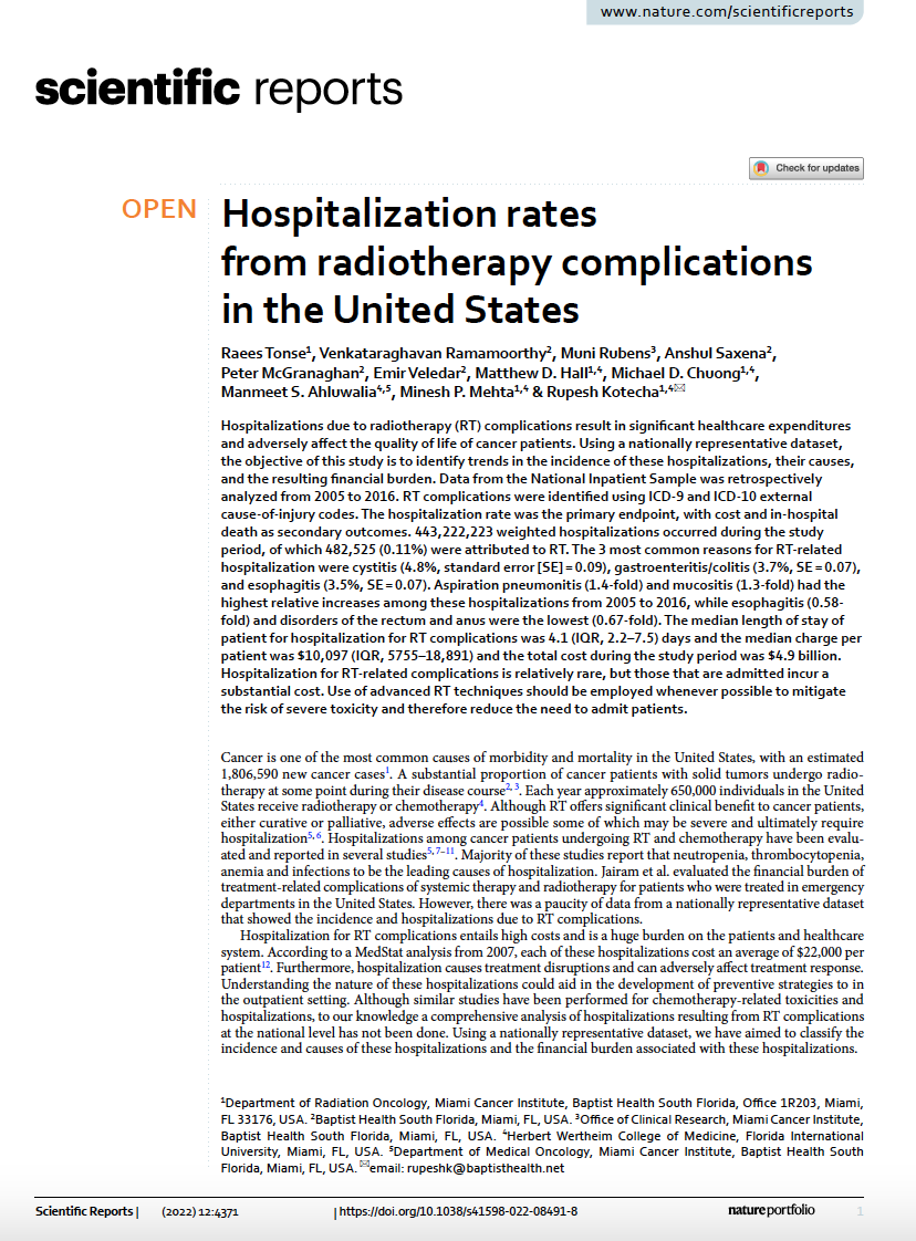 RaeesTonse's tweet photo. Excited to share our manuscript titled “Hospitalization Rates from Radiotherapy Complications in the United States” published in Nature Scientific Reports.

https://t.co/SSGI3qgqcD https://t.co/oKjJeF7OA3