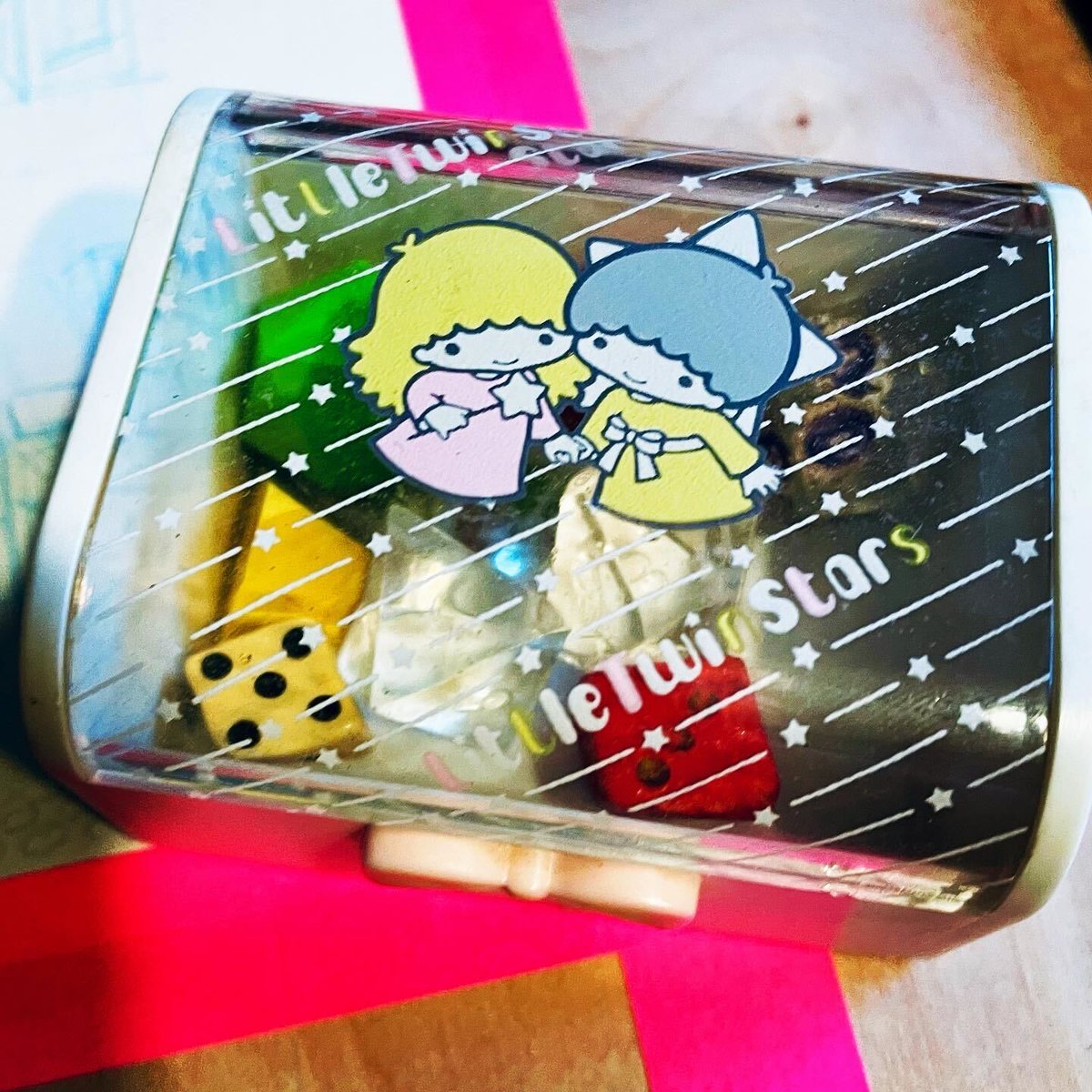 laurennmcc's tweet image. Wanna see baby’s first D&amp;amp;D dice set? I was 11? 12? And playing at the local library. YES I stored them in that Little Twin Star box, and YES I used whiteout to make numbers readable. #babynerd (@jenna.rochelle found these while cleaning out our basement &amp;amp; I am THRILLED)