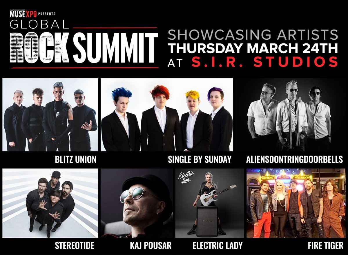 GlobalRockSMT's tweet image. Thursday, March 24th don’t miss our showcases at SIR Hollywood featuring @blitzunion @singlebysunday @aliensdrd @stereotide #KajPousar #ElectricLady &amp;amp; #FireTiger. Full details available at globalrocksummit.com/GRS2022/showca…