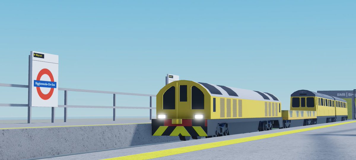 TFB_Roblox's tweet photo. Battery Locomotive L57 leads a train consisting of barrier wagons and a pair of converted D Stock pilot cars on Train 541 Biggleswade-On-Sea Depot to Biggleswade-Next-To-A-Tree ahead of gauging tests on the new line. #RobloxDev #batteryloco #londonunderground #biggleswade https://t.co/f0vHNcz8s7