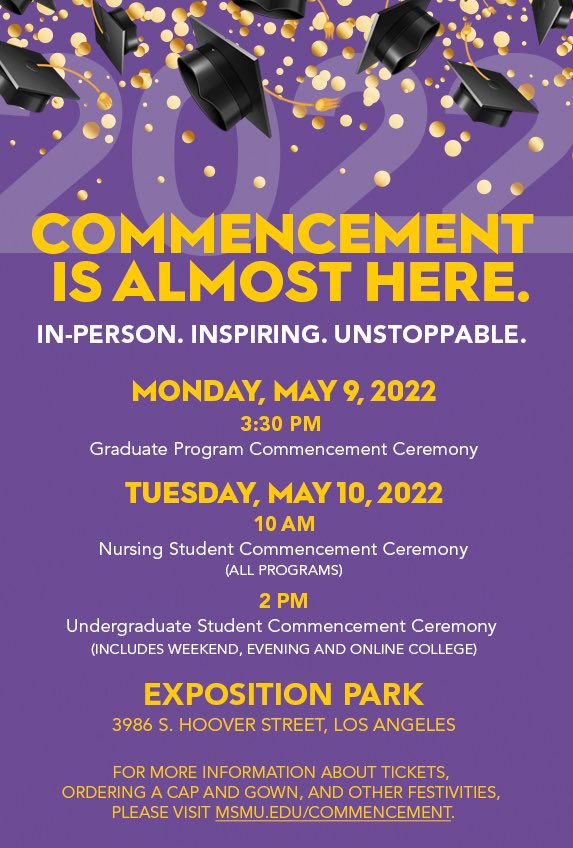 MSMU_LA's tweet photo. Save the date, Athenians! Commencement is almost here.
We can't wait to celebrate our #Unstoppable graduate on May 9 and 10.
#MSMUnstoppable #Commencement2022 #Classof2022 https://t.co/p9xCP8Mc6P