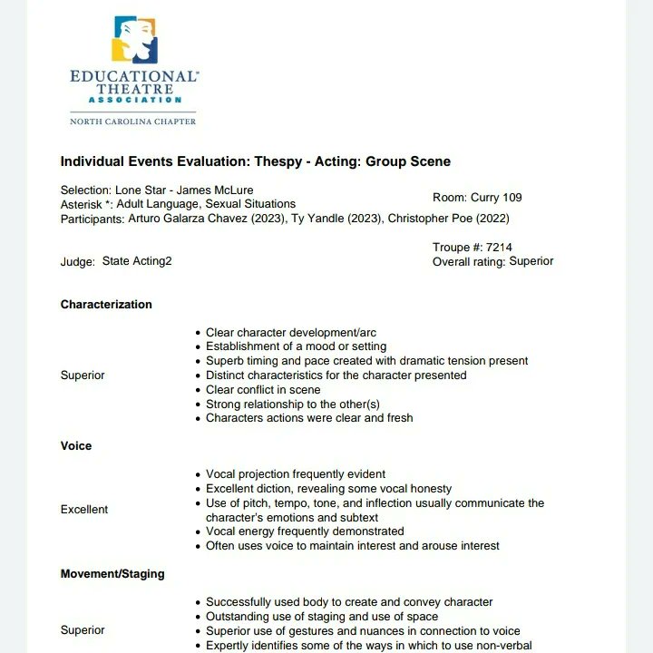 All glory to God! After much hard work, Me, Arturo, and Christopher have Qualified for Nationals in Group acting at ITS! Thank you for all the support from Mr.Franklin, The Theatre department, and all of East Lincoln! Still work to be done! --> Indiana University #StangsOnStage