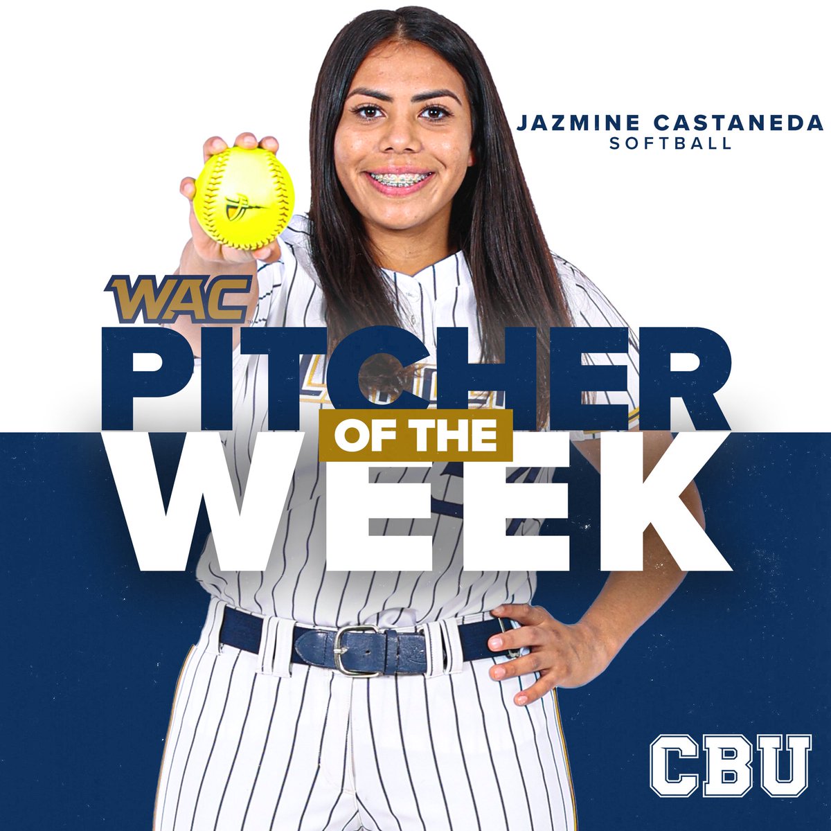 CBUSoftball's tweet photo. 🥎Win Win Win🥎

Congrats to Jazmine Castaneda on being named the @TicketSmarter @WACsports Pitcher of the Week! Jazzy dominated hitters last week, earning three wins while allowing opposing hitters an average of just .173 and tallying a minuscule 1.47 ERA!

#LanceUp⚔️ https://t.co/QXPs1BVSxI