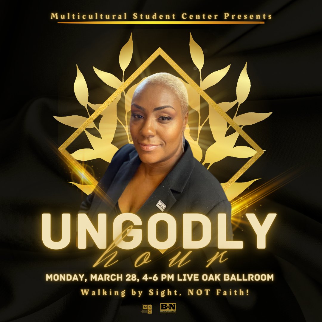 MSC_UCF (@msc_ucf) on Twitter photo MSC PRESENTS:
U ✨N ✨G ✨O ✨D ✨L ✨Y ✨
H✨ O ✨U ✨R
Join MSC and <a href="/BNonbelievers/">Black Nonbelievers</a> founder, Mandisa Thomas, on Monday, March 28th from 4-6 PM at the Live Oak Ballroom for an uplifting perspective on Atheism and why it's beneficial to the Black Community. MSC PRESENTS:
U ✨N ✨G ✨O ✨D ✨L ✨Y ✨
H✨ O ✨U ✨R
Join MSC and <a href="/BNonbelievers/">Black Nonbelievers</a> founder, Mandisa Thomas, on Monday, March 28th from 4-6 PM at the Live Oak Ballroom for an uplifting perspective on Atheism and why it's beneficial to the Black Community.