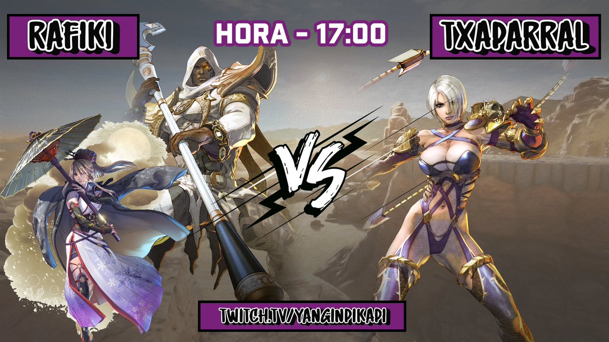 🚨 #SHOWMATCH

Mañana contaremos con un duelo de alto nivel en la comunidad española de #SOULCALIBURVI 

#RAFIKI 🆚 #TXAPARRAL

⏰ 5 pm CET
🖥️ twitch.tv/yanginpikapi 
🎙️ <a href="/reskar/">Reskar</a> y yo