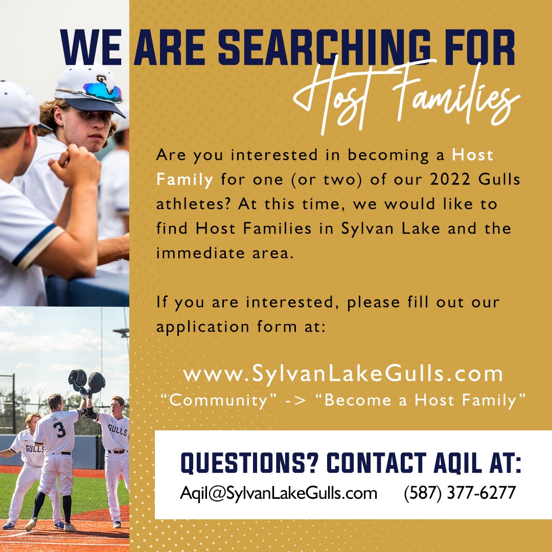 We are searching for a few more Gulls Host Families from Sylvan Lake and the immediate area! If you are interested in hosting one (or more) Gulls athletes this season, please fill out our application form on our website under "Community" and "Become a Host Family"