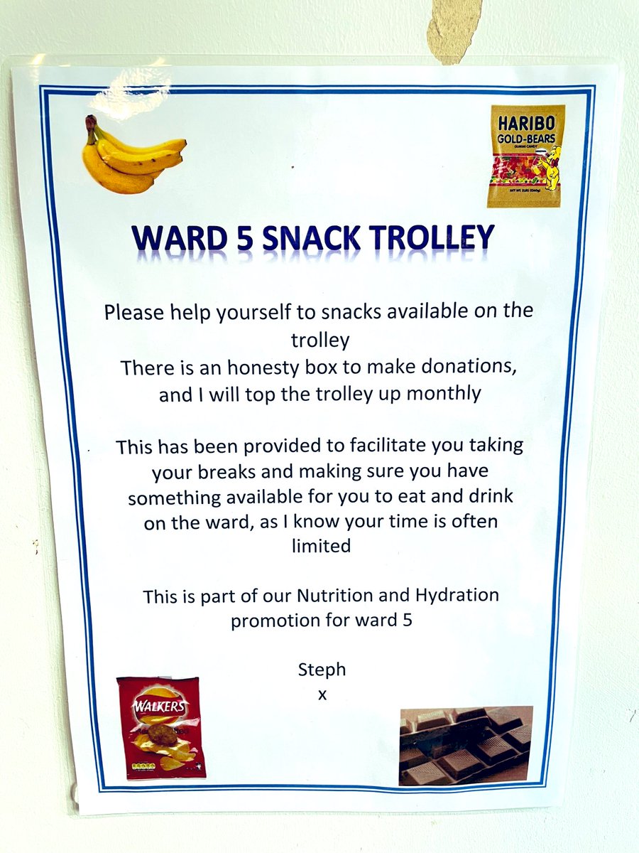 steph_finch30's tweet photo. We are kicking off our @NHWeek with a little snack cart for our staff..inspired by @Stroke_Unit_RPH 😍 it can often be hard for staff to stay fed and watered and we are hoping this helps #NutritionAndHydrationWeek #snacktime #takeabreak   @Nurse_Ame @HowlesJohn @rachel_sansbury https://t.co/ZkuW6hen4M