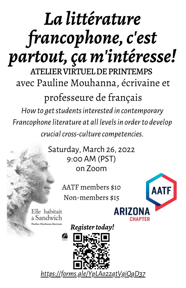 AZAATF's tweet photo. ICYMI: Atelier virtuel de printemps 2022:
La littérature francophone, c'est partout, ça m'intéresse!

Samedi, le 26 mars @ 9-11h00 heure locale sur Zoom!

Inscrivez-vous dès aujourd'hui : https://t.co/v1uvgefS5i

@AATFrench
@AZLAinfo https://t.co/CWxbgtVF0y