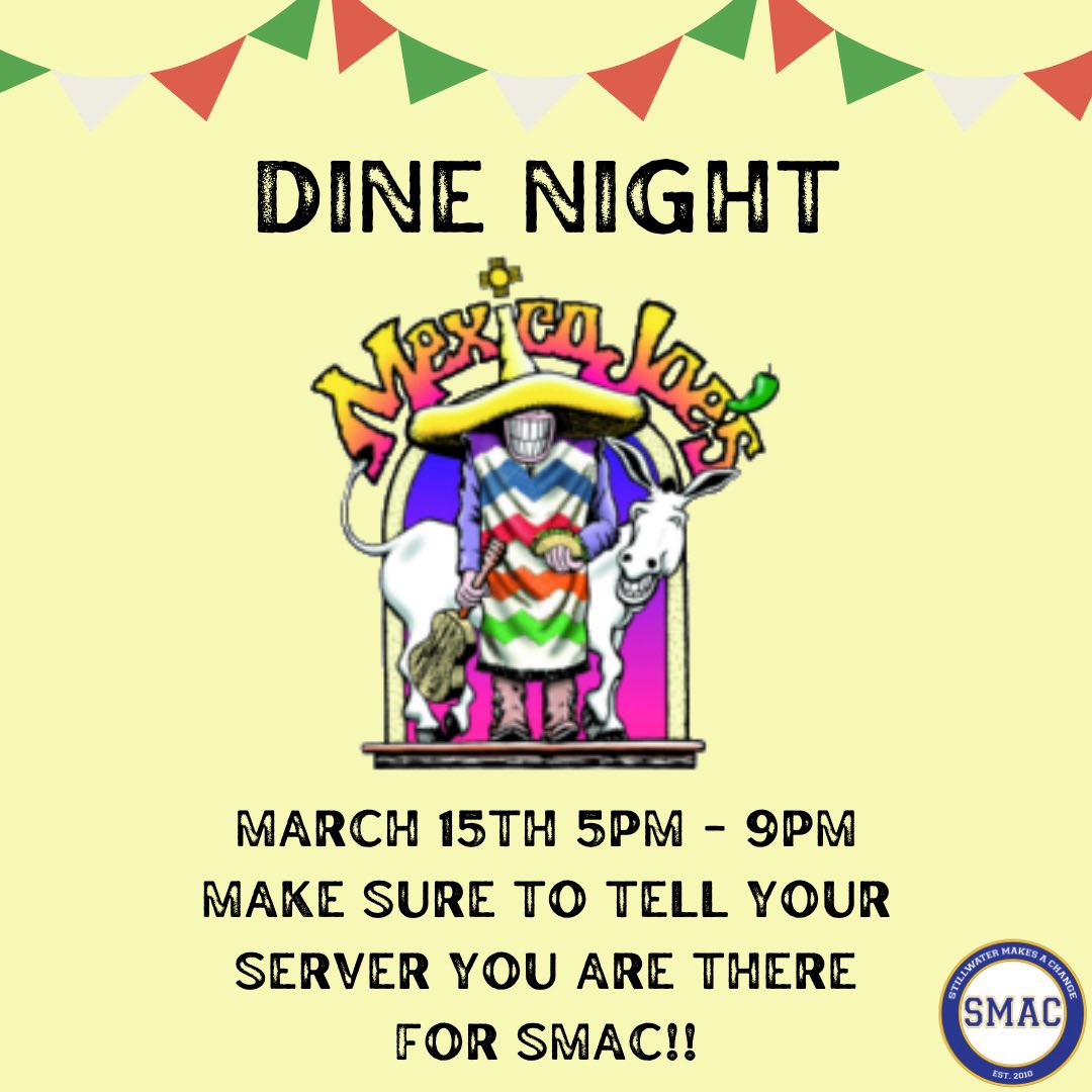 Taco Tuesday at <a href="/mexicojoes/">Mexico Joe's</a> 5-9pm. Mention SMAC! Proceeds donated to Stillwater Community Health Center. #dinetodonate