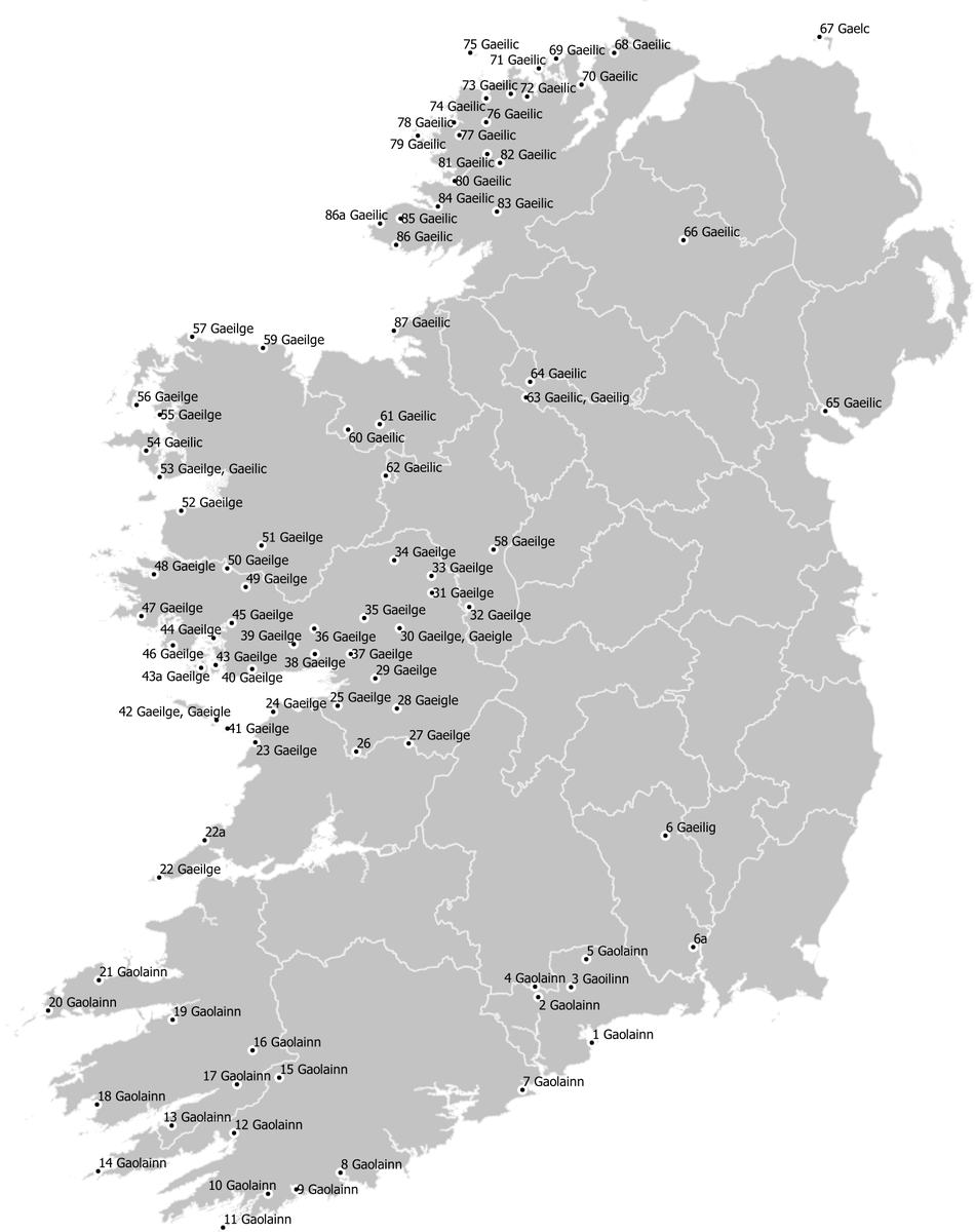 An t-ainm a thuganns muid ar an teangaidh s'againne

Gaeilge, Gaeilic, Gaeilig, Gaelc, Gaolainn, Gaoilinn, Gaeigle (mar gheall ar mheititéis!)

Bunaithe ar Linguistic Atlas & Survey of Irish Dialects (H. Wagner, 1958-69) #LASID #Gaeilge #SnaG22