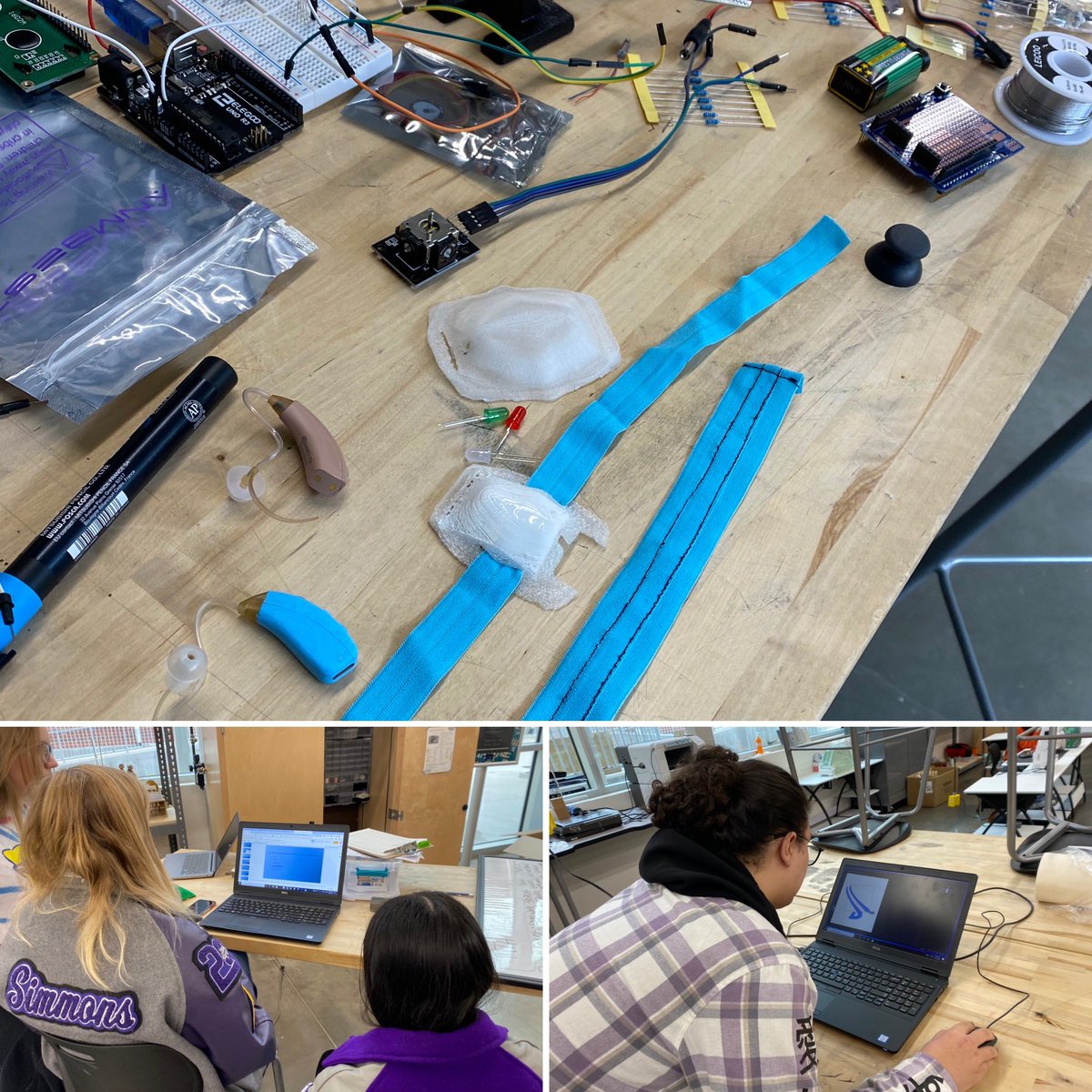 AISD_Makerspace's tweet photo. Team “Sound Haven” at AnnaHS is pulling together to get a refined prototype, logo,pitch w/video edit completed! From idea to invention, CAD(Ninja Flex &amp; ABS combo),sewing, graphic design,AV,marketing,&amp; electronics. #teamwork #projectinvent #makerCARE https://t.co/Rch77lrtiS