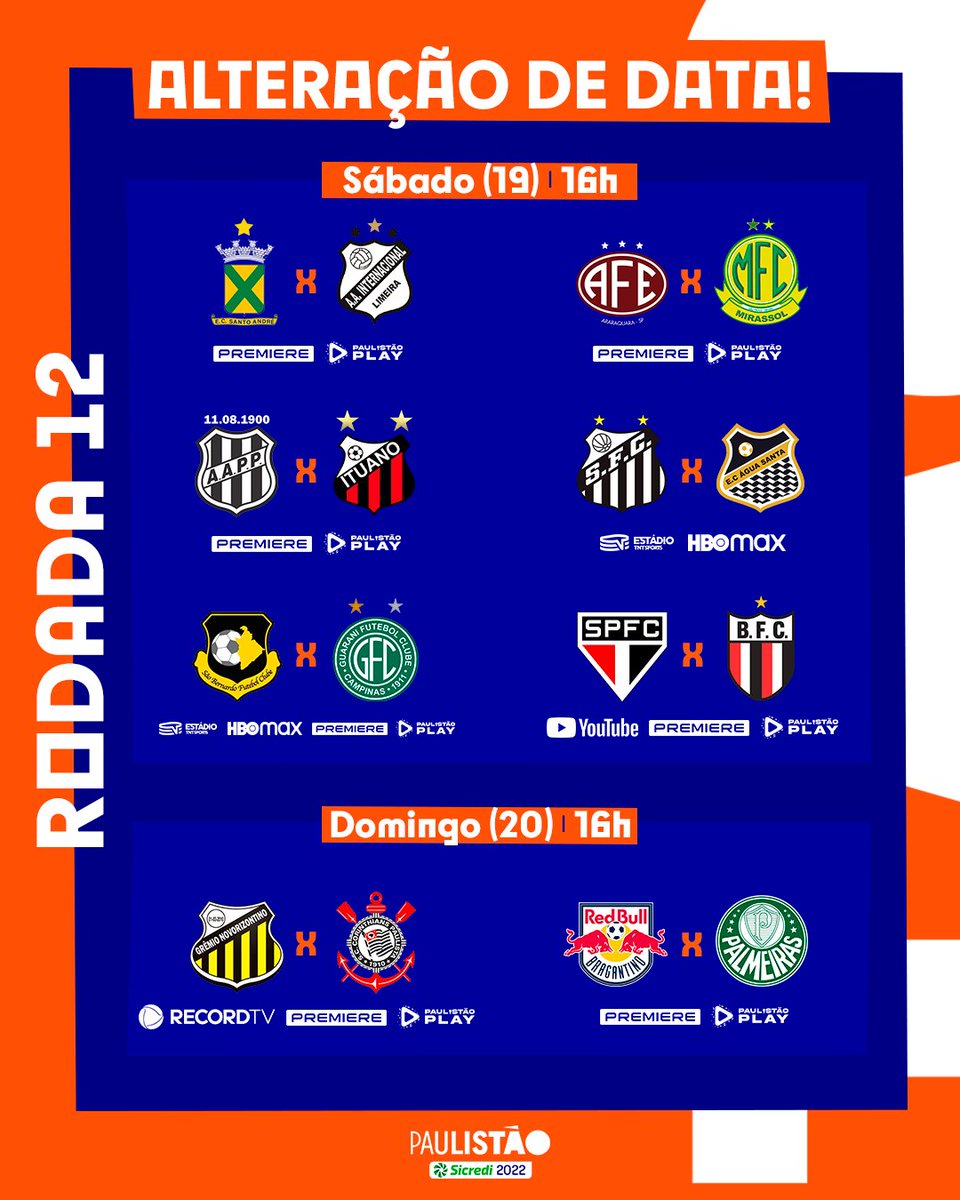 Paulistao's tweet photo. A rodada decisiva da primeira fase do Paulistão Sicredi 2022 será desmembrada, com seis jogos acontecendo no sábado (19) e dois no domingo (20). 
#FutebolPaulista #Paulistao22 https://t.co/SumAFTkE3i