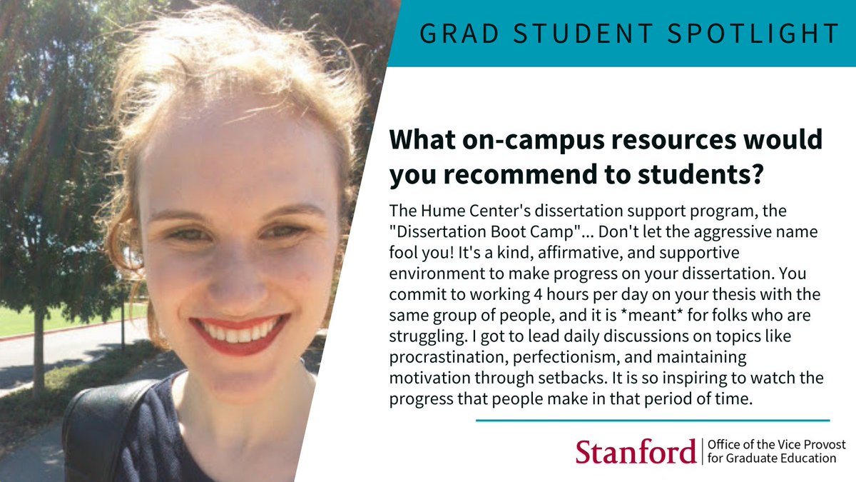 StanfordVPGE's tweet photo. Resources she'd recommend to students? The @humecenter Dissertation Boot Camp! In @LauraALyman's own words, "I got to lead daily discussions on topics like procrastination, perfectionism, and maintaining motivation through setbacks." https://t.co/gMB9IlnTwA
