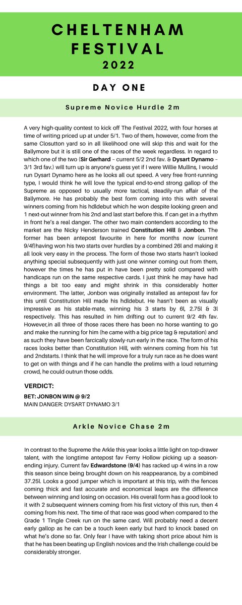 MaxBets10's tweet photo. It's finally here! Day One of the Cheltenham Festival previewed below, final tips to follow tomorrow morning! Goodnight &amp; good luck 🍀 https://t.co/uJ4wSVkSks