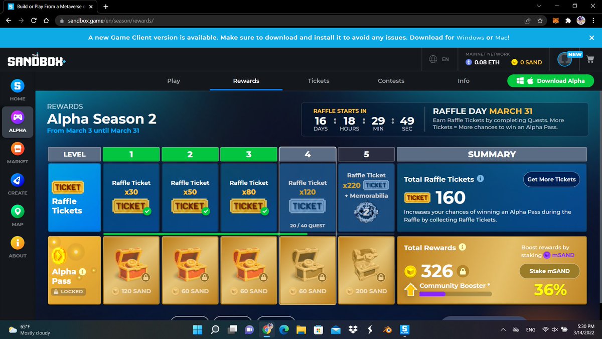 osswl's tweet photo. @TheSandboxGame I just participated in the daily #SandboxAlphaS2Contest for a chance to earn up to 1,000 $SAND! Starting March 14 -  Show your Raffle Tickets. Check out my screenshot below! 👇 #SandboxAlphaS2 https://t.co/GHE8ApzGSf