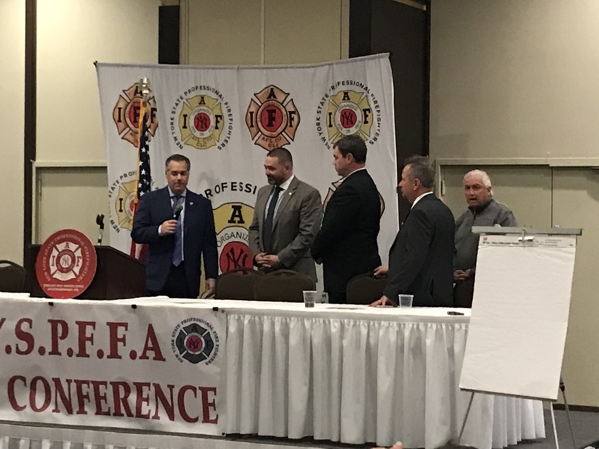 AlbanyFFs's tweet photo. Members of our E Board traveled to Binghamton today to attend the @NYSPFFA Labor Law Conf. Public Relations, Legislation Updates, New Cancer Policy are just some of the topics this week. Sen @fredakshar received the distinguished service award @IAFFNewsDesk https://t.co/24DmdNPliS