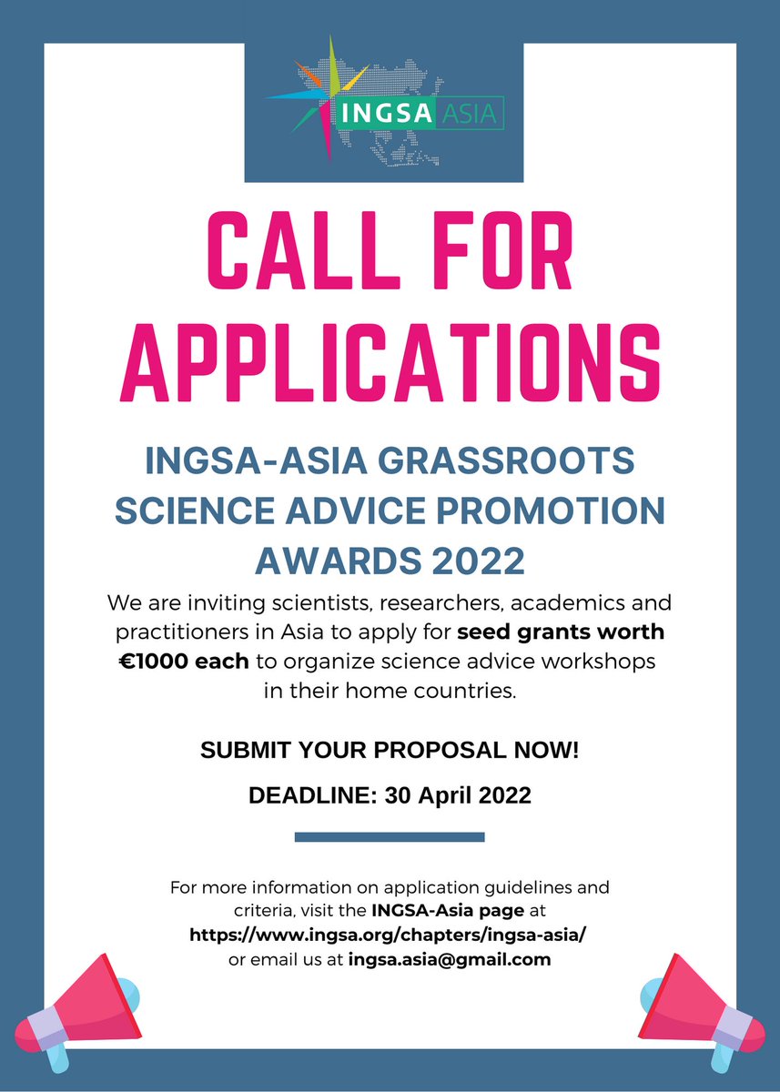 INGSA_Asia's tweet image. Due to overwhelming response last year, the Grassroots Science Advice Promotion Awards is back! We call upon scientists, researchers, academics &amp;amp; practitioners in Asia to apply for seed grants worth €1000 each to organize sci advice workshops.
More info: shorturl.at/uIYZ2
