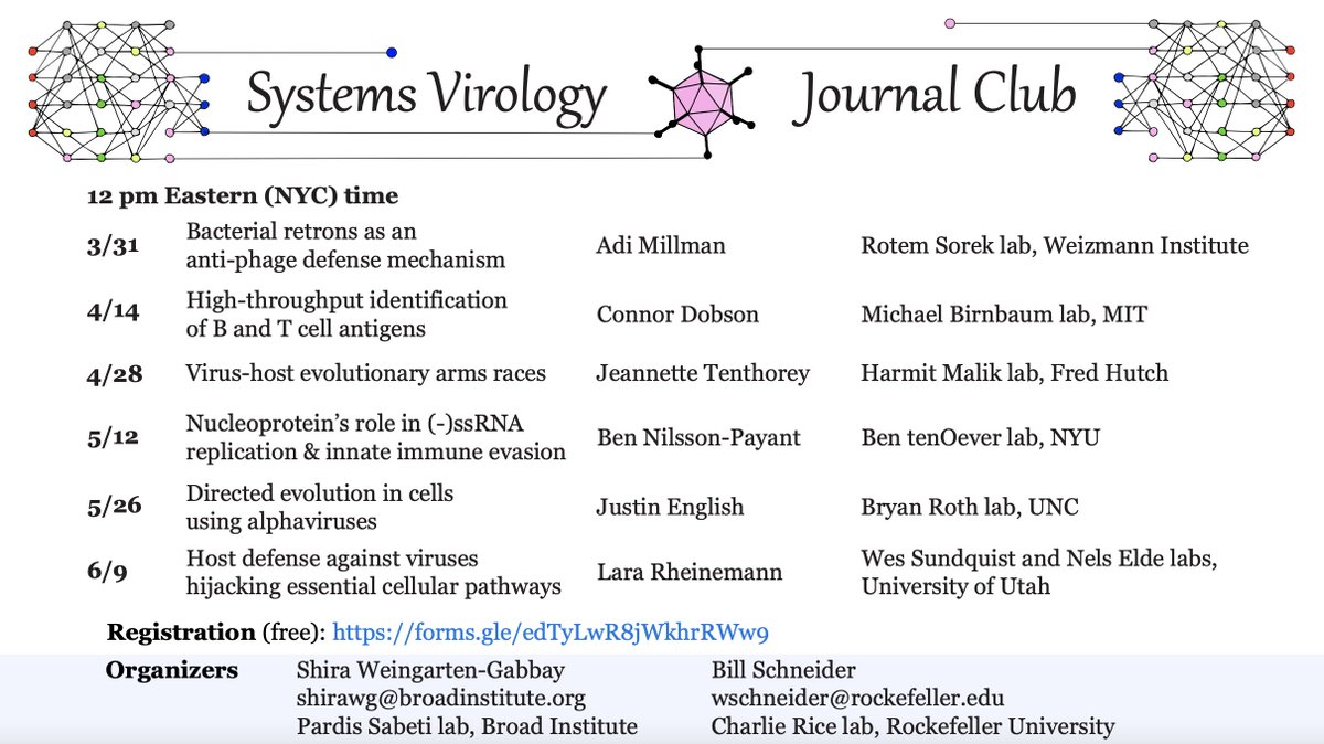 Shira Weingarten-Gabbay (@weingartenshira) on Twitter photo <a href="/wm_schneider/">wschneider</a> and I are thrilled to invite you to the 4th series of the International Systems Virology Journal Club! 🎉🥂🌟
We are hosting a stellar line-up of speakers working at the intersection of virology and systems biology.
Registration (free): forms.gle/edTyLwR8jWkhrR… 🧵 <a href="/wm_schneider/">wschneider</a> and I are thrilled to invite you to the 4th series of the International Systems Virology Journal Club! 🎉🥂🌟
We are hosting a stellar line-up of speakers working at the intersection of virology and systems biology.
Registration (free): forms.gle/edTyLwR8jWkhrR… 🧵