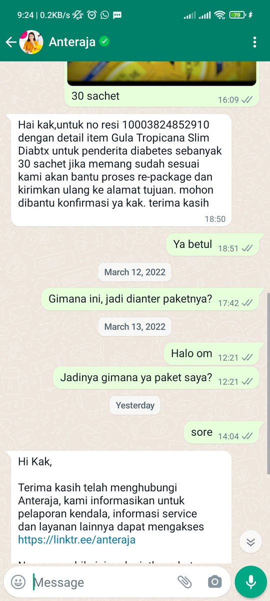 vm_willy's tweet photo. @anteraja_id ini gimana nasibnya ya? Dikirim dr tgl 7 maret, dikomplain tgl 11 maret sampe hari ini gak ada tanggapan selain tamplate robotnya yang jawab. 🤯 https://t.co/qoFDtppUNn