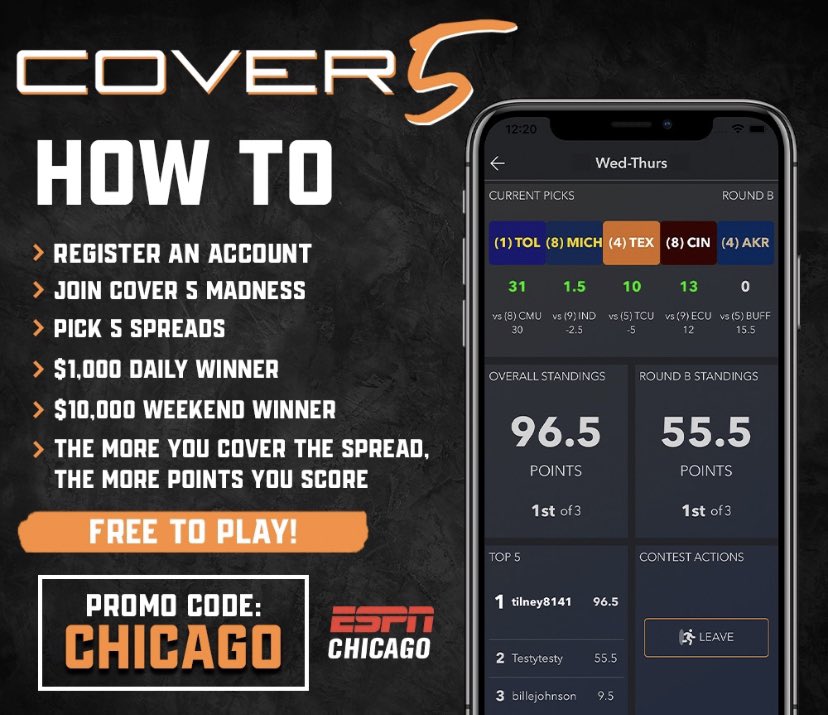 WaddleandSilvy's tweet photo. While you’re watching the #Bulls game, download our #Cover5 app and use our promo code Chicago to join our fun tourney game.
It’s FREE. You could win $1k per day. And $10k for the first weekend. https://t.co/FCzbF81itW