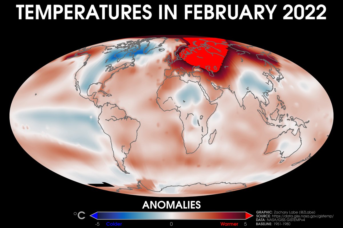 Wow, temperatures exceeded 5°C above average (relative to the 1951-1980 climate baseline) across a massive area of Eurasia last month 🔥

[Data information: data.giss.nasa.gov/gistemp/faq/in…]