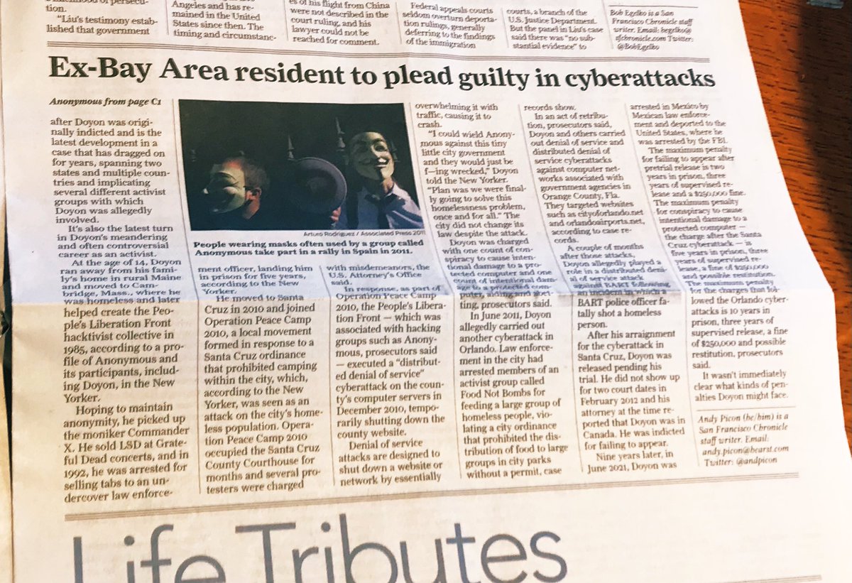 tigerbeat's tweet photo. I first saw @andpicon story in today’s @sfchronicle four days after it was online. @FreeCommanderX_ will plead guilty to hacking of Santa Cruz & Orlando, FL sites not #opbart https://t.co/b97sILXsf1 #sfbart #Anonymous https://t.co/W0dKCmgB8x