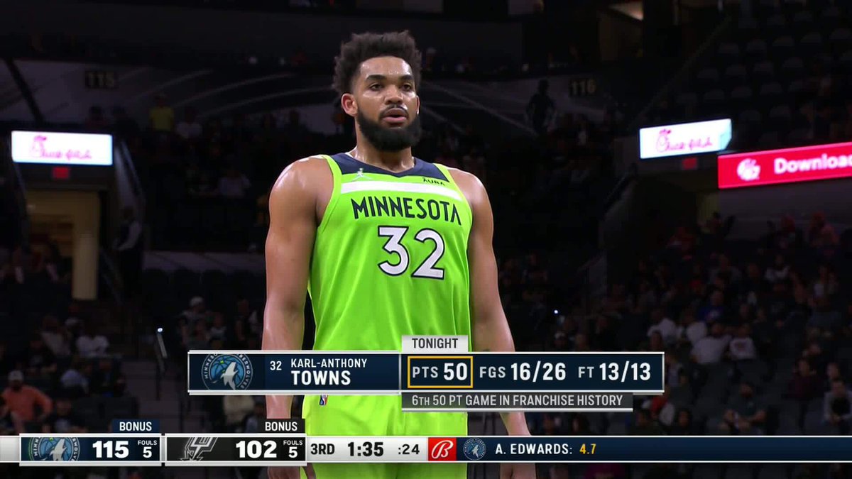 BleacherReport's tweet photo. KAT HAS 56 POINTS AFTER THREE QUARTERS.

🤯🤯 https://t.co/JO1r5qt1AA