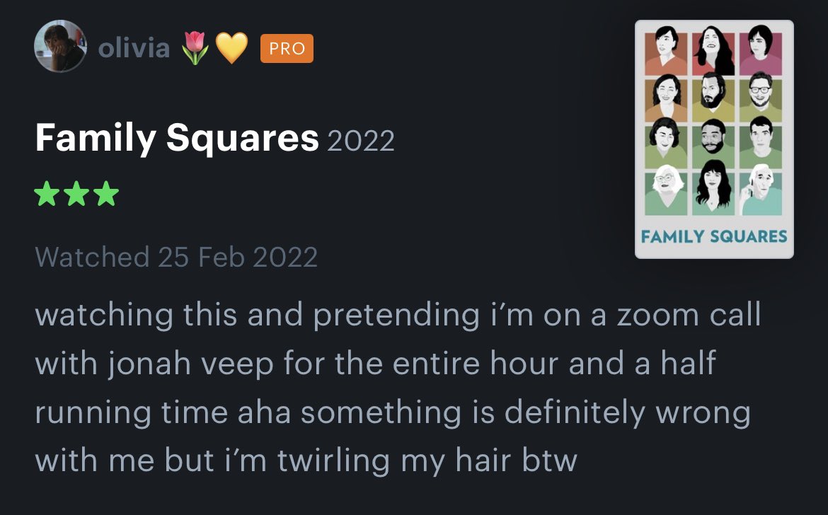 . hey @stephanielaing have you read the reviews of family squares on letterboxd ? there’s some really great ones, i loved this one !! great movie really enjoyed 😊👍