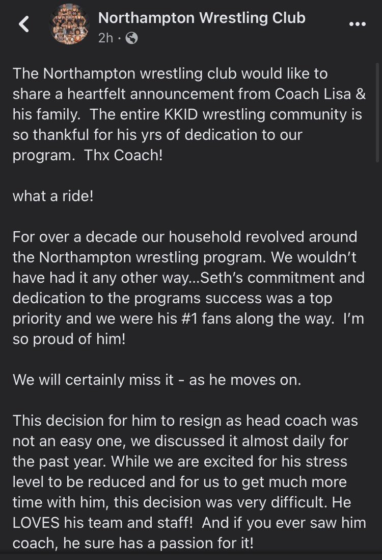 D11Updater's tweet photo. Congratulations to Seth Lisa on an incredible run of 11 seasons as head coach of Northampton that included a state dual runner up finish, individual state champions and multiple 100 match winners. He left the program in an outstanding place for whoever takes over next! https://t.co/6OkunDAgSR