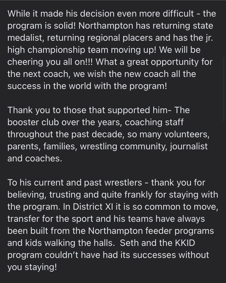 D11Updater's tweet photo. Congratulations to Seth Lisa on an incredible run of 11 seasons as head coach of Northampton that included a state dual runner up finish, individual state champions and multiple 100 match winners. He left the program in an outstanding place for whoever takes over next! https://t.co/6OkunDAgSR