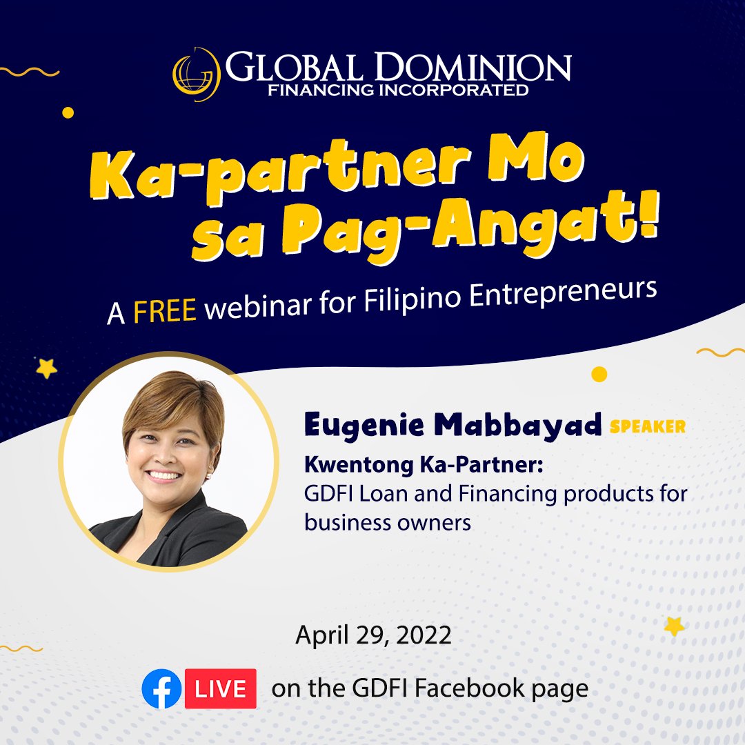 gdfitweets's tweet photo. Dahil #KaPartnerMoSaPagAngat ang GDFI, marami kang pwedeng paggamitan ng iyong loan!

Alamin kung anu-ano ang mga ito with our upcoming webinar ngayong darating na April 29, 2022, live sa aming FB page. Mark your calendars now! #GoDreamer

https://t.co/3gG05eIR6W https://t.co/XvGo2tXvoI