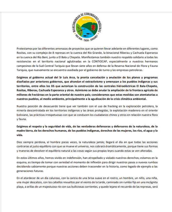 alexvillca's tweet photo. Hoy 14 de Marzo, se celebra el "Día Internacional de Acción en Contra de las #Represas, en Defensa de los Ríos, el Agua y la Vida" y desde la Mancomunidad de #ComunidadesIndígenas, ratificamos nuestro rechazo enérgico🗣️ a la construcción de las megarepresas #Chepete y #ElBala 🇧🇴 https://t.co/fS392hR0mI
