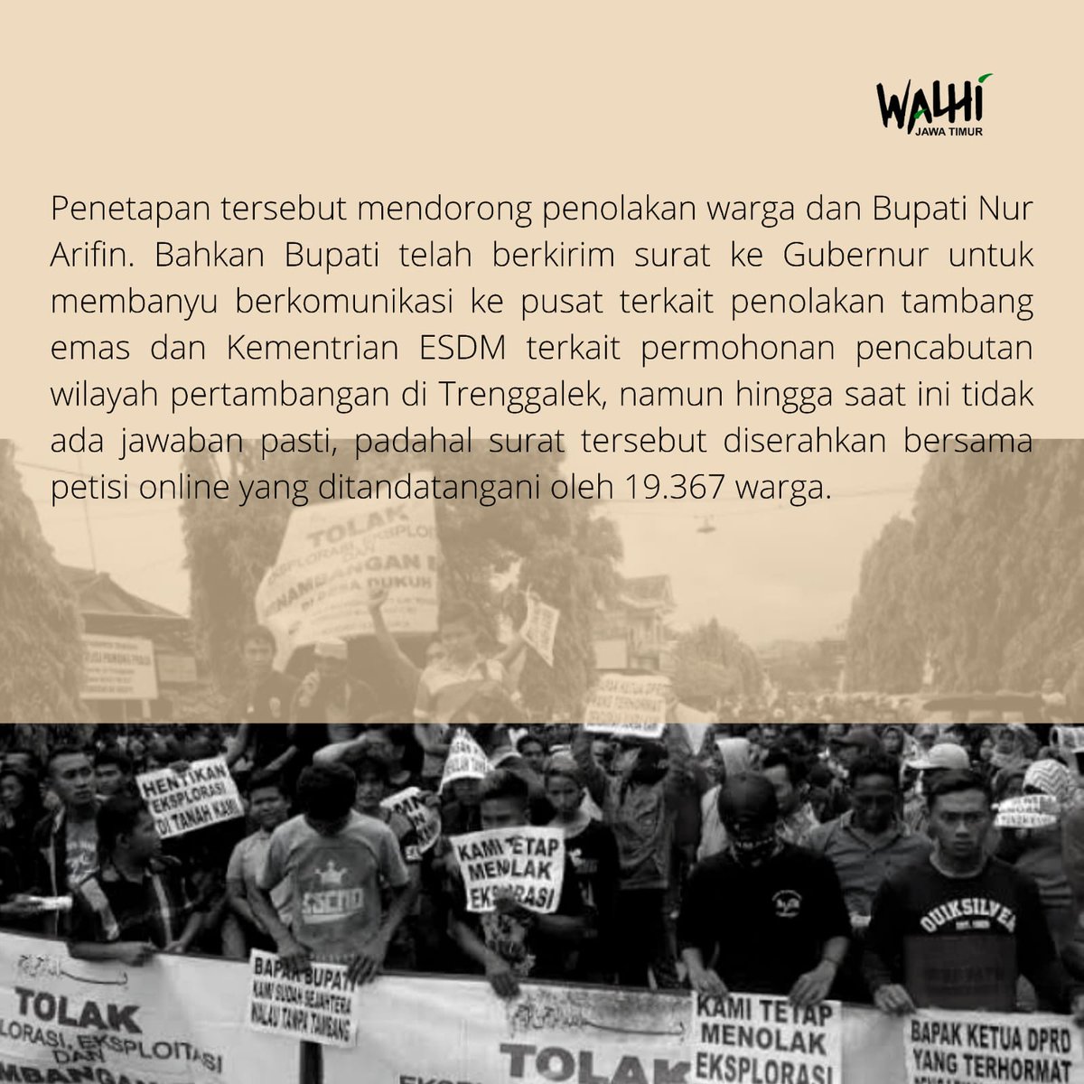 WalhiJatim's tweet photo. mencabut izin tambang, tetapi hingga kini konsesi masih ada. Hal ini menunjukkan jika peralihan kewenangan dari daerah ke pusat telah menghambat demokrasi dan suara masyarakat terkait ketidaksetujuan mereka terhadap pertambangan emas di Trenggalek.

#cabutuuminerba https://t.co/DribsaQs4b