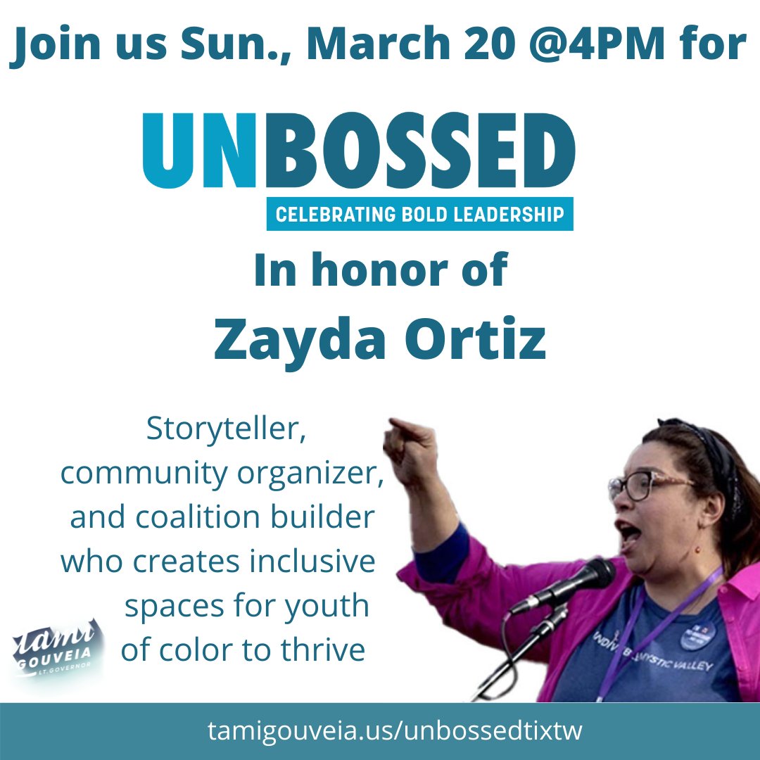 Tami Gouveia (@tamigouveiama) on Twitter photo 📣 Exciting News!
<a href="/zaydaortiz/">zayda ortiz</a> has been named an UnBossed Leader & will be recognized for her organizing work to create inclusive spaces for youth of color to thrive.
Join <a href="/juliaforboston/">Julia Mejia</a>, <a href="/NikaElugardo/">Nika Elugardo</a>, @JennMeakem & <a href="/stephforeverett/">Stephanie Martins</a> Sun., 3/20 at 4PM.
tamigouveia.us/unbossedtixtw 📣 Exciting News!
<a href="/zaydaortiz/">zayda ortiz</a> has been named an UnBossed Leader & will be recognized for her organizing work to create inclusive spaces for youth of color to thrive.
Join <a href="/juliaforboston/">Julia Mejia</a>, <a href="/NikaElugardo/">Nika Elugardo</a>, @JennMeakem & <a href="/stephforeverett/">Stephanie Martins</a> Sun., 3/20 at 4PM.
tamigouveia.us/unbossedtixtw