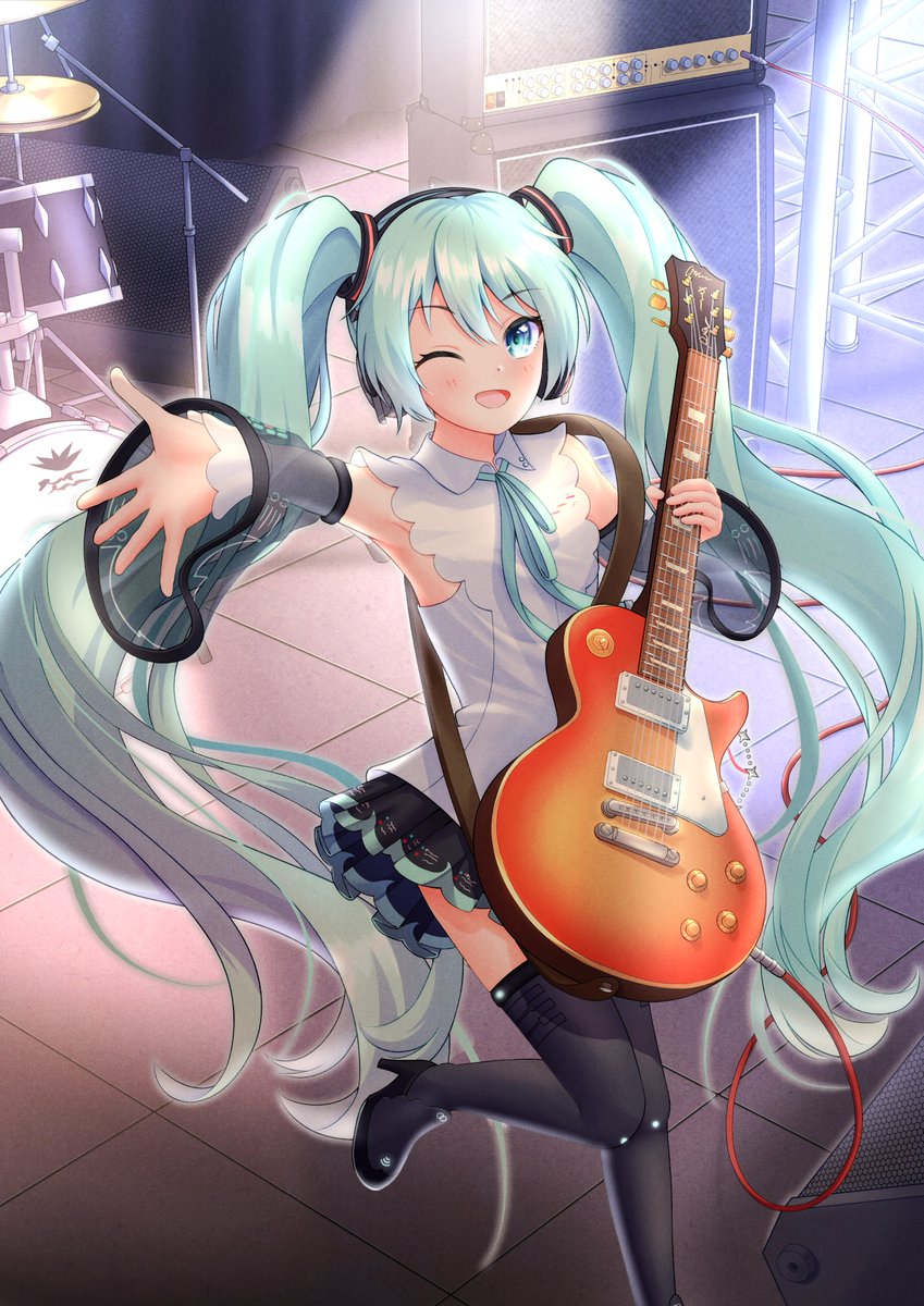 初音ミク「鈴鹿いちさんの、ギターを持ってポーズ☆するミクさん!ステージで演奏中?元気いっぱ」|piapro(ピアプロ)のイラスト