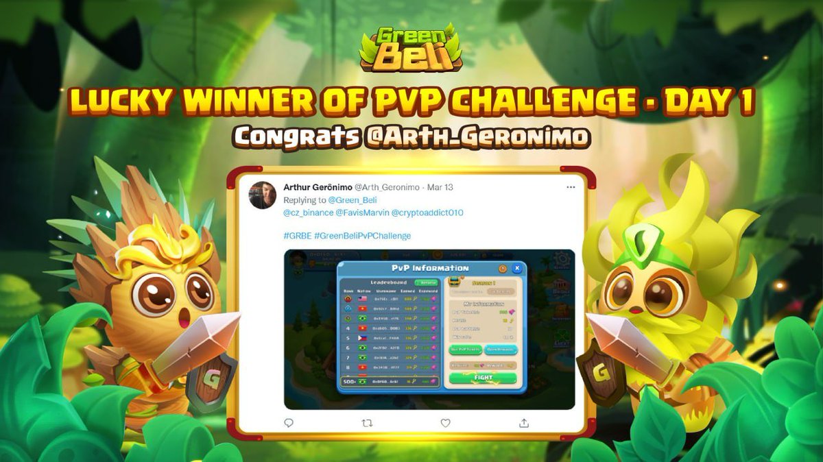 Green_Beli's tweet photo. The first winner of 100 BUSD + 1 Green Hero has been found!
Congratulation to @Arth_Geronimo - the luckiest guy of Day 1🎉
Winners have to contact Green Beli Facebook (https://t.co/ZPXlHA6Le2) within 1 day to claim rewards. 
LET'S GO PVP CHALLENGE - DAY 3: https://t.co/tsl81i7gVI https://t.co/R7CRSrZqQT